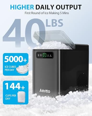 Aeitto Nugget Ice Maker 40Lbs/24H, Countertop Soft Chewable Ice Pebble Ice Machine, One-Click Operation, Auto Self-Cleaning Ice Makers with Scoop&Basket for Home, Office, Kitchen, Party (Black) - Image 2