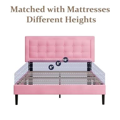 CXVX Queen Size Bed Frame with Headboard, Platform Bed Frame with Velvet Upholstered Button Tufted Headboard, Wood Slats Support, No Box Spring Needed, Mattress Foundation, Easy Assembly, Pink - Image 7