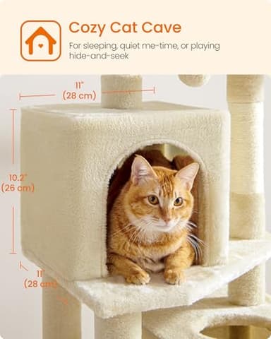 Feandrea Cat Tree, 61-Inch Cat Tower for Indoor Cats, Plush Multi-Level Cat Condo with 5 Scratching Posts, 2 Perches, 2 Caves, Hammock, 2 Pompoms, Beige UPCT192M01 - Image 3