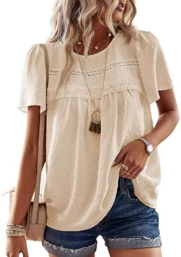 Womens Summer Tops Crewneck Short Sleeve Shirts Casual Chiffon Blouses Flowy Lace Hem Boho Clothing Trendy 2026 - Image 3