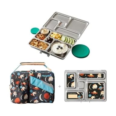 PlanetBox Rover Stainless Steel Bento Box Style Lunch Box Kit for Kids with 5 Compartments, Space Animals Edition includes Insulated Lunch Bag, Leakproof Food Containers and Matching Magnets - Image 1