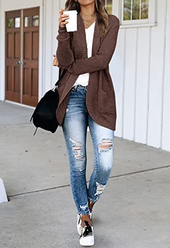 MEROKEETY Womens 2025 Fall Long Sleeve Open Front Cardigans Chunky Knit Draped Sweaters Outwear Coffee M - Image 4