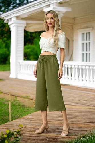 FREEOAK Ladies Summer Capris with Pockets High Waist Wide Leg Flowy Cropped Pants Casual Beach Palazzo Style Army Green Size Medium - Image 4