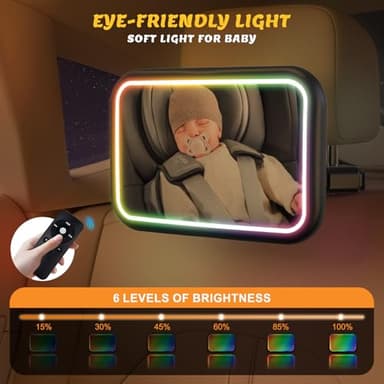 Baby Car Mirror with Light, 7 RGB Light Rear Facing Baby Car Seat Mirror with Remote Control Rechargeable 360° Rotation Hook Clip Design Wide View Shatterproof - Image 3