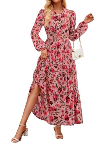 ZESICA Women's 2025 Fall Long Sleeve Maxi Dress Floral Print V Neck Empire Waist A Line Tiered Flowy Boho Party Dresses Vintage Pink Medium - Image 1