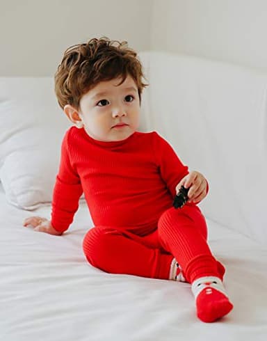 VAENAIT BABY Infant Toddler Kids Girls Long Sleeve Modal Sleepwear Pajamas 2pcs Set Rib Knit Red L - Image 3
