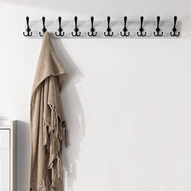SKOLOO Coat Rack Wall Mounted - 38.3'' Long, Wooden, Heavy Duty, Rustic Coat Hooks for Wall, Wall Coat Rack with 10 Triple Hooks for Hanging Clothes, Jacket, Hat(Weathered White) - Image 3