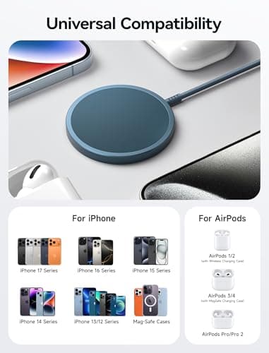 JSAUX Charger for iPhone 17 Magsafe Wireless Charging, Compatible with iPhone 17 Air Pro Max/16/15/14/13/12 Series, Magnetic Mag Safe Charging Pad, Aluminum Alloy, USB & USB C Dual Ports - Blue - Image 7