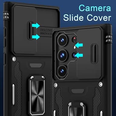DEERLAMN Case for Samsung Galaxy S24 Ultra with Slide Camera Cover+Screen Protector (1 Pack), Rotated Ring Kickstand Military Grade Shockproof Protective Cover-Black - Image 3