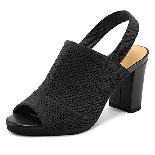 mysoft Women's Knit Chunky Block High Heels Elastic Slingback Open Toe 3 Inch Heeled Sandals,Black,9 US - Image 1