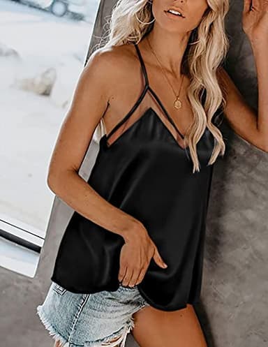 Ekouaer Silk Tank Top for Women Mesh V Neck Satin Camisole Silky Sleeveless Tank Cami Shirt Black - Image 4