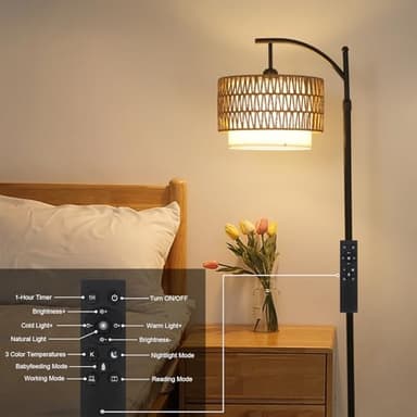 Arc Floor Lamp for Living Room with 3 Color Temperatures, Farmhouse Floor Lamps with Remote & Dimmable Bulb, Boho Standing Lamp with Rattan & Fabric Shades, Adjustable Tall Lamp for Bedroom, Office - Image 7