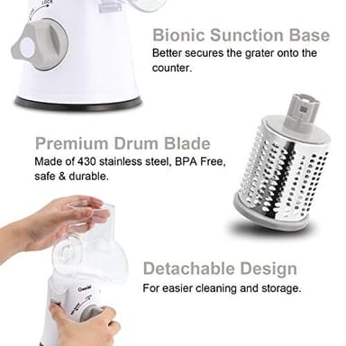 Geedel Rotary Cheese Grater, Kitchen Mandoline Vegetable Slicer with 3 Interchangeable Blades, Easy to Clean Rotary Grater Slicer for Fruit, Vegetables, Nuts - Image 6