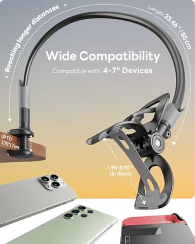 SAIJI Gooseneck Bed Phone Holder, Flexible Long Arm Phone Mount for Desk, Clip Bracket Clamp Stand, iPhone Stand, Mobile Cell Phone Stand Document Camera Nintendo Switch (Black) - Image 2