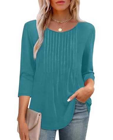 XIEERDUO Summer Tops for Women 2025 3/4 Length Sleeve Pleated Business Work Casual Blouse Fall Fashion Clothing Outfits Beach Vacation Clothes A-Turquoise XL - Image 3