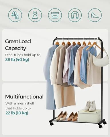 SONGMICS Clothes Rack with Wheels, Clothing Rack for Hanging Clothes, 25.4 mm Metal Garment Rack with Dense Mesh Storage Shelf, 110 lb Load Capacity, 2 Brakes, Black UHSR25BK - Image 3