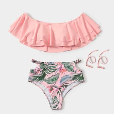 IFFEI Family Matching Swimsuits Ruffles Two Piece Bikini Set Off Shoulder Mommy and Me Bathing Suits with Straps Women: M Pink - Image 5
