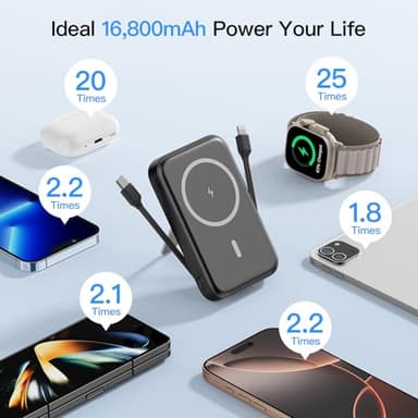 VTIAEK 2025 Latest Portable Charger, 16800mAh Magnetic Wireless Power Bank with 2 Built in Cables, LED Display Battery Pack Travel Essentials for iPhone 16/15/14/13/12/Pro/Mini/Pro Max Andriod - Image 2