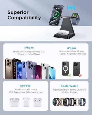 Charging Station for Multiple Devices Apple: Woruda 3 in 1 Magnetic Wireless Charger Stand for Mag Safe iPhone - Nightstand Charging Dock for iPhone 16 15 14 13 12 Pro Max Plus Apple Watch Airpods - Image 2
