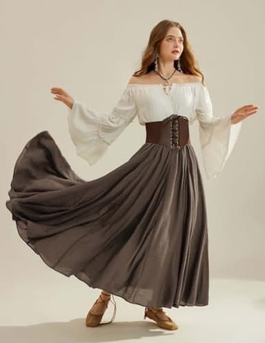 Scarlet Darkness Women Renaissance Long Maxi Skirt High Waist Flowy A Line Skirts Brown S - Image 8