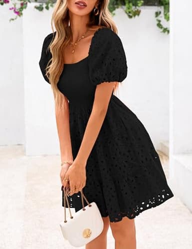 PRETTYGARDEN Womens Summer Puff Sleeve Mini Dress Off Shoulder Eyelet Smocked A Line Casual Babydoll Short Dresses (Black,Medium) - Image 7