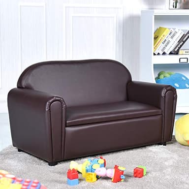 Costzon Kids Couch, 2 in 1 Double Seat Children's Sofa w/Under Seat Storage, PU Leather Surface, Toddler Armrest Chair, Kids Room, Soft Sofa with Storage for Preschool Baby Boys Girls Gifts - Image 9