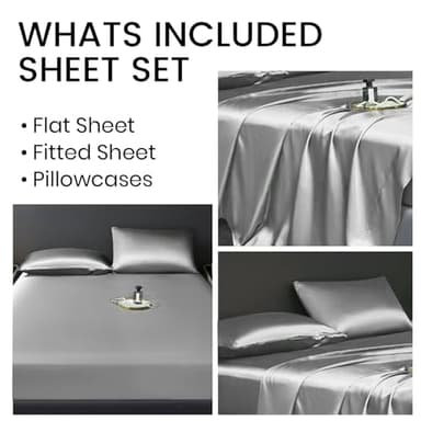 Revdomfly 4 Pcs Queen Size Luxury Silky Soft Cray Satin Sheet Set,1 Premium Moisture Wicking Fitted Sheet Fits Up to 16 Inches Deep Pocket + 1 Flat Sheet + 2 Pillowcases（Gray, Queen） - Image 7