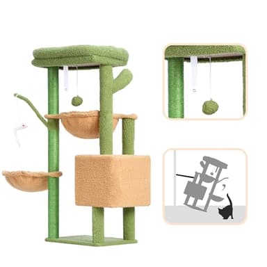 Heybly Cat Tree, 39.4 Inches Cactus Tower Condo with Scratching Post, Cat Tower for Indoor Cats, Fully Wrapped Sisal Pole, Soft Platform, 2 Baskets and Dangling Toy, Green and Yellow HCT006SGY - Image 7