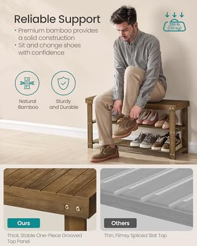 SONGMICS Shoe Rack Bench, 3-Tier Bamboo Shoe Storage Organizer, Entryway Bench, Holds Up to 286 lb, 11.3 x 35.4 x 17.8 Inches, for Entryway Bathroom Bedroom, Yellow Brown ULBS090K01 - Image 5