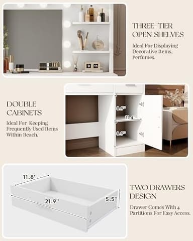 LIVELYGLOW Lighted Makeup Vanity Desk, 35.4“W x 15.7'”D x 54“H, White (with Lights and Mirror, Dimming Function, 2 Drawers and 1 Cabiniet, Open Shelves) by Boahaus - Image 6
