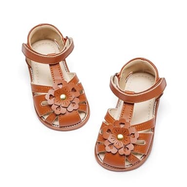 Felix & Flora Toddler Girls Brown Close Toes Sandals Size 7- Soft Rubber Princess Flat Shoes Summer Flower Girl Shoes - Image 1