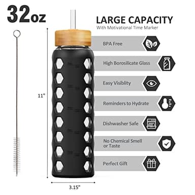 MUKOKO 32oz Glass Water Bottles with 2 Lids-Handle Spout Lid&Bamboo Straw Lid, Motivational Water Tumbler with Time Marker Reminder and Silicone Sleeve, Leakproof-Black-1 Pack - Image 2