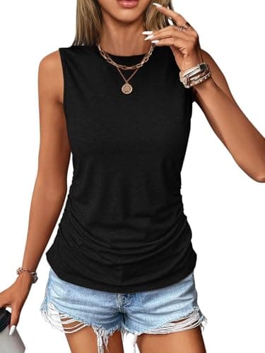 Micticsi Womens Ruched Tank Tops Crewneck Sleeveless Shirts Slim Fitted Top Dressy Casual Summer Trendy Clothes 2025 Black - Image 1