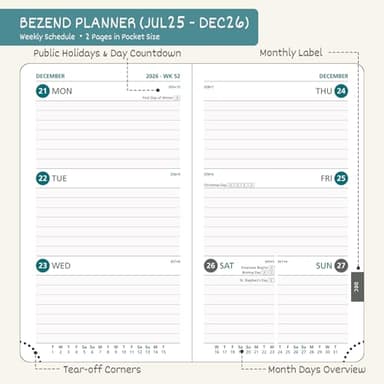 BEZEND Pocket Planner 2025-2026 Weekly and Monthly, 3.5" x 6" Academic Planner (Jul 25-Dec 26) 18-Month Mid-Year Calendar Book, Storage Pocket, Pen Holder, PU Leather Hardcover - Black - Image 3