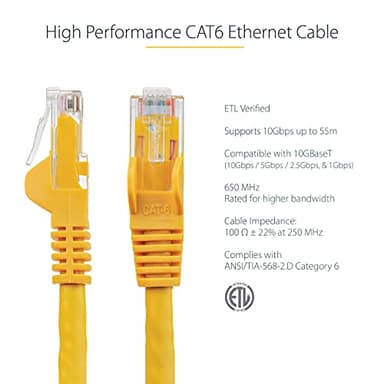 StarTech.com 7ft CAT6 Ethernet Cable - Yellow CAT 6 Gigabit Ethernet Wire -650MHz 100W PoE RJ45 UTP Network/Patch Cord Snagless w/Strain Relief Fluke Tested/Wiring is UL Certified/TIA (N6PATCH7YL) - Image 2