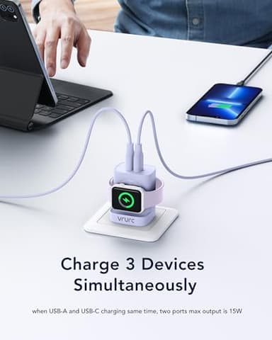 VRURC Charger for Apple Watch, USB C Wall Charging Block for iPhone, 20W Fast Charging,Foldable Plug Travel Essential Charger for iWatch Ultra/SE/10/9/8/7/6/5/4/3/,iPhone 16 15 14 13,Android-Purple - Image 5