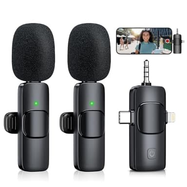 MENERESAS 3 in 1 Wireless Lavalier Microphones for iPhone, iPad, Camera and Android Devices, Mini Microphone for Recording, Noise Reduction Lapel Mic, Clip on Mic for Video Recording Vlog, Black - Image 1
