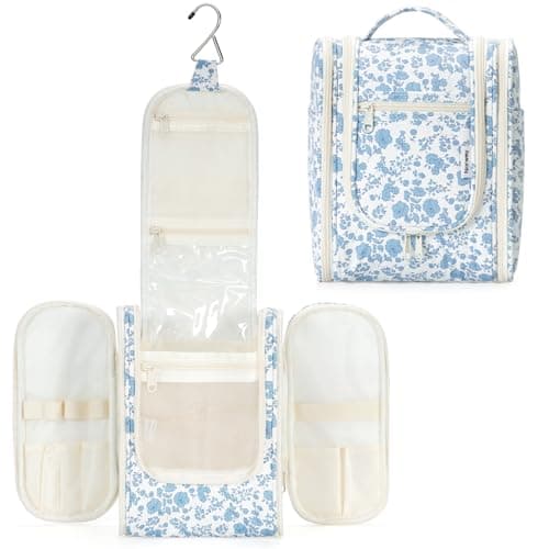 Narwey Hanging Toiletry Bag Women Travel Makeup Bag Organizer Toiletries Bag for Travel Size Essentials Accessories Cosmetics (Medium,Little Blue Flower) - Image 1
