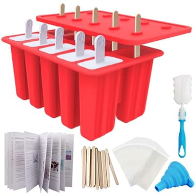 Miaowoof Homemade Popsicle Molds, 10-Cav Non-BPA Silicone Ice Pop Maker, with 50 Sticks, 50 Bags, 10 Reusable Sticks, Funnel, Brush and Ice Pop Recipe (Red) - Image 1