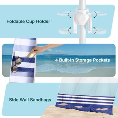 Rhino Valley Beach Cabana, 8 * 8FT Beach Tent UPF50+ Protection, Easy Setup Beach Canopy Wind Resistant with Cup Holder, Compact Beach Shade Foldable Beach Tent Sun Shelter, Blue & White Stripes - Image 6