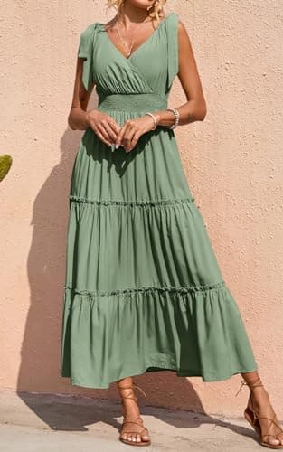 PRETTYGARDEN Women's Cross Neck Summer Sleeveless Tiered Maxi Dress Beach Tie Strap Smocked Long Dresses Pleated Sundress (Grey Green,Medium) - Image 2