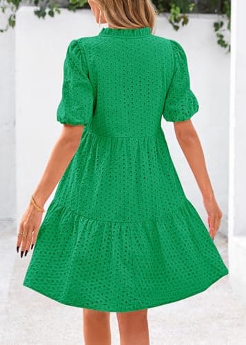 KIRUNDO Eyelet Summer Dresses for Women 2025 Mini Casual Hollow Out Short Sleeve Lace Tiered V Neck Shift Dress Pockets(Green, Medium) - Image 2
