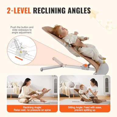 VEVOR Baby Bouncer, Folding Bouncer Seat for Babies 0-9 Months, Newborn Bouncer Chair with 2 Reclining Angles & 3-Point Harness, Portable Infant Rocker with Carrying Bag for Indoors Outdoors, Camel - Image 3