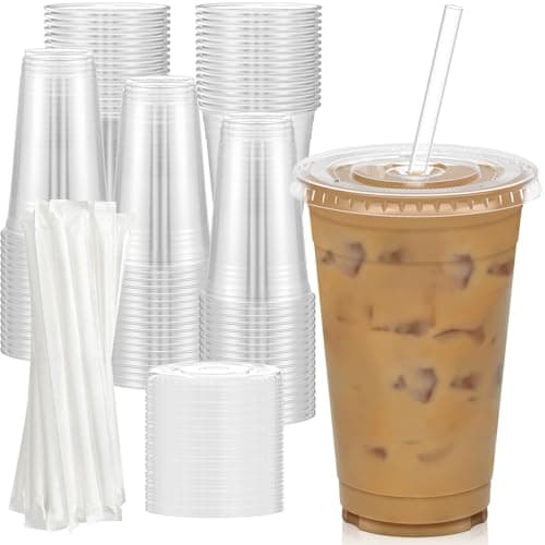 Dealusy 100 Pack - 20 oz Clear Plastic Cups with Lids and Straws, Sturdy & Food Safe Iced Coffee Cups with lids, Disposable Plastic Smoothie Cups for Cold Drinks - Image 1