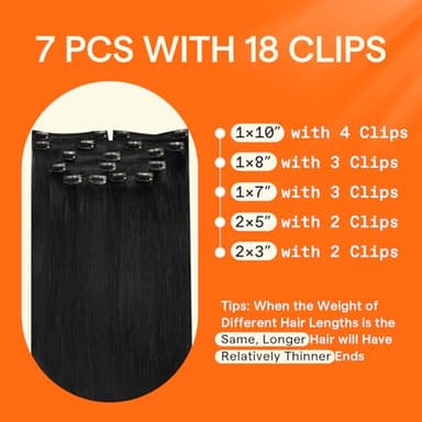Full Shine Human Hair Clip in Extensions Black Clip in Hair Extensions Jet Black Brazilian Hair Triple Weft Straight Real Hair Extensions for Women 20 Inch 7 Pcs 120 G - Image 3