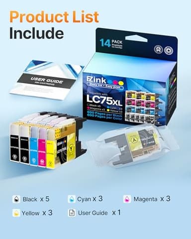 E-Z Ink Compatible Ink Cartridge Replacement for Brother LC75 LC71 LC79 XL to Use with MFC-J6510DW MFC-J6710DW MFC-J6910DW MFC-J280W MFC-J425W (5 Black, 3 Cyan, 3 Magenta, 3 Yellow) 14 Pack - Image 5