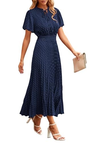 PRETTYGARDEN Summer Long Dresses for Women Puff Short Sleeve V Neck Swiss Dot Pleated A Line Casual Flowy Party Midi Dress (Navy,Large) - Image 1