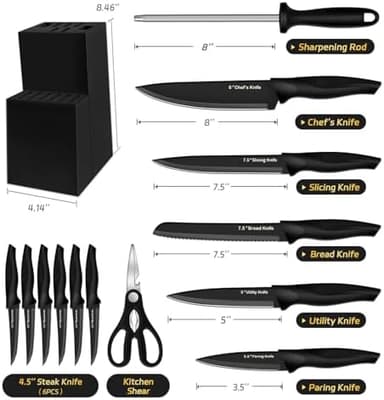 XANAPON Knife Set, 14 Pieces Kitchen Knife Set, High Carbon German Stainless Steel, Dishwasher Safe Cutlery with Sharpener, Black - Image 4