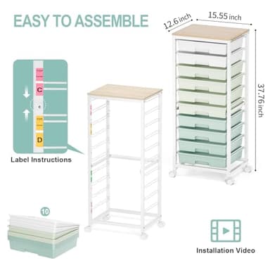 SYKIARIOL Rolling Cart with Drawers,10 Drawer Rolling Cart,Storage Cart,Utility Cart,Teacher Cart for Classroom Storage,Craft Cart with Wheels and Wooden Tabletop,Green - Image 3