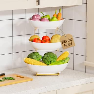 Lifewit Plastic Fruit Bowl Basket for Kitchen Countertop, 3 Tier Fruit Holder with Gold Metal Stand, Serving Tray for Food, Vegetable, Cake, Dessert in Party - Image 6
